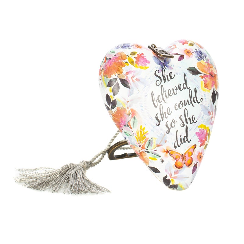 DEMDACO She Believed She Could So She Did Butterfly Floral 4 x 3 Heart Shaped Resin Keepsake Art Hearts Decoration with Key and Tassel - Image 1